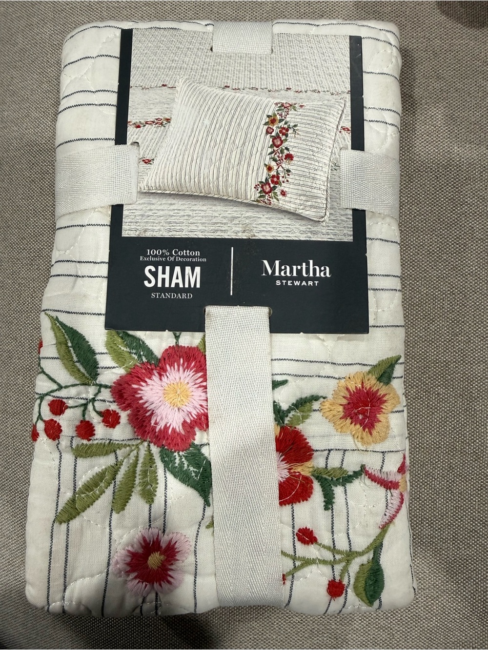 Martha Stewart Cream Floral Embroidered Cotton Sham with Red and Pink Flowers